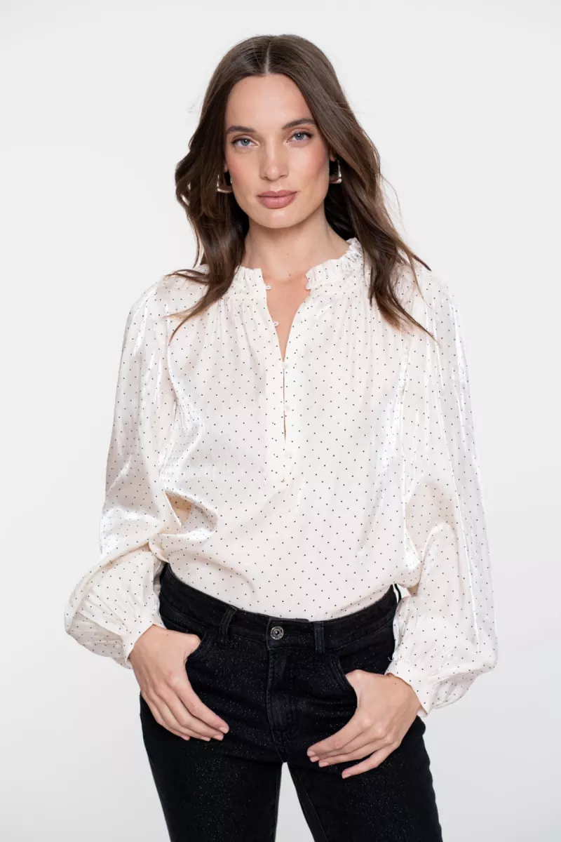 GEISHA-Blouse shiny with dots-53539-14-017 Ivory black-IVOOR