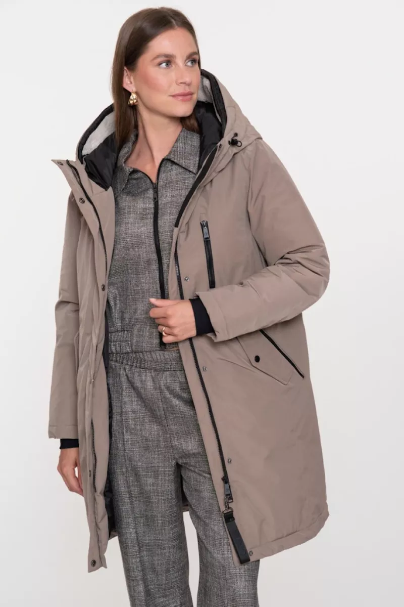 GEISHA-Jacket teddy hood mid long-58500-12-935 Greige-GRIJS