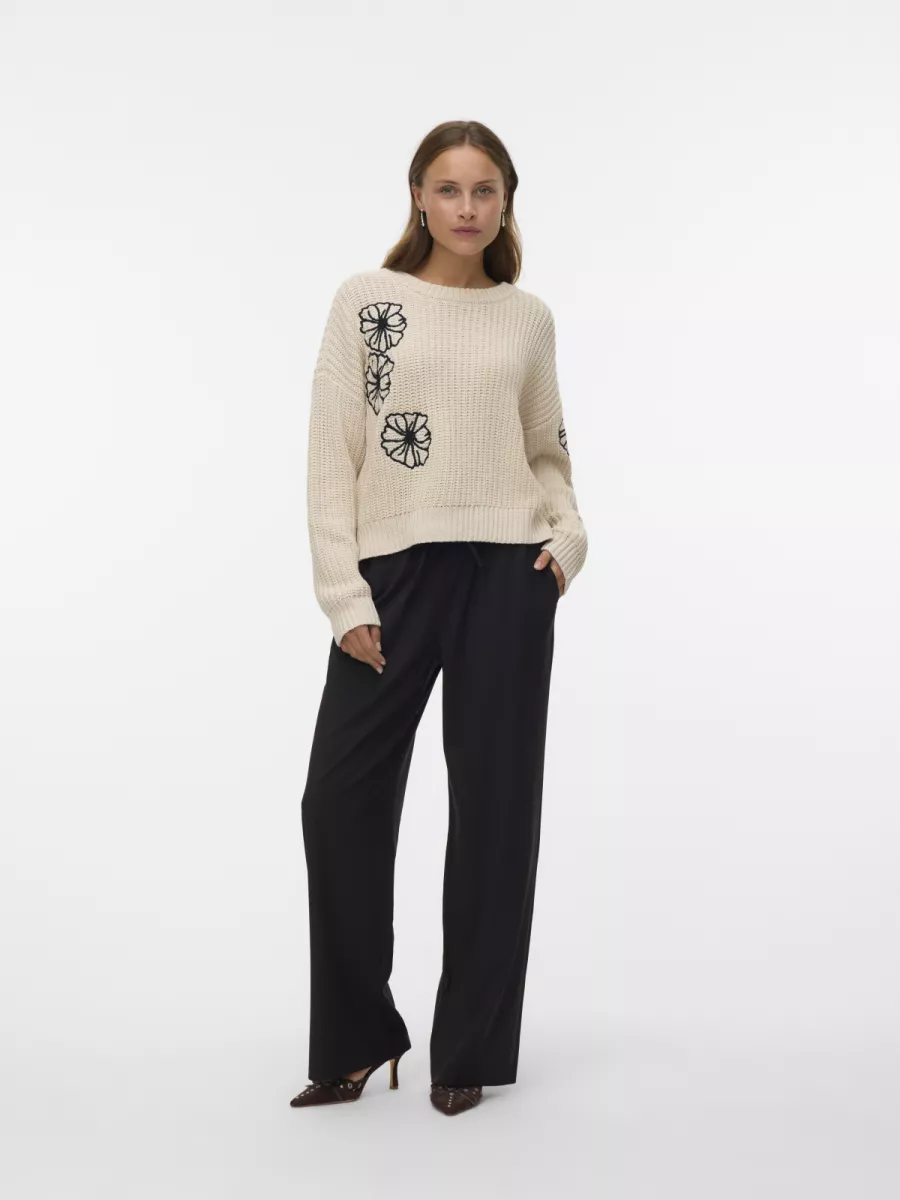 VERO MODA-VMLAURA LS O-NECK PULLOVER BOO-10331444-Birch with Black Detail-WIT COMBINATIES
