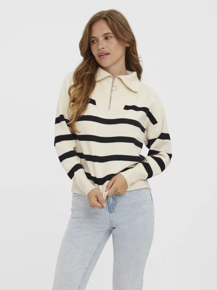 VERO MODA-VMSABA STRIPE LS HIGHNECK BLOUSE GA-10269246-Birch Stripes Black-WIT COMBINATIES