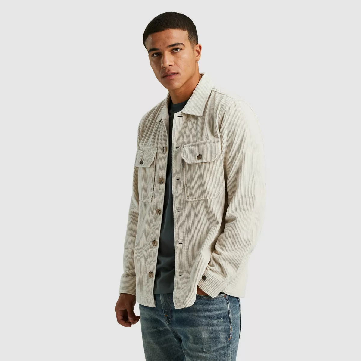 CAST IRON-Long Sleeve Shirt Solid Ribcord-CSI2409227-7014 Silver birch-LICHT-/PAREL GRIJS