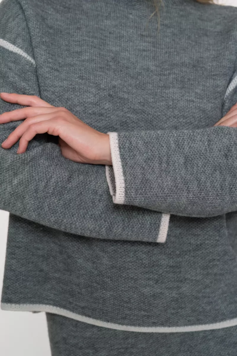 GEISHA-Pull turtle contrast stripe-54801-10-900 Grey melange off white-GRIJS