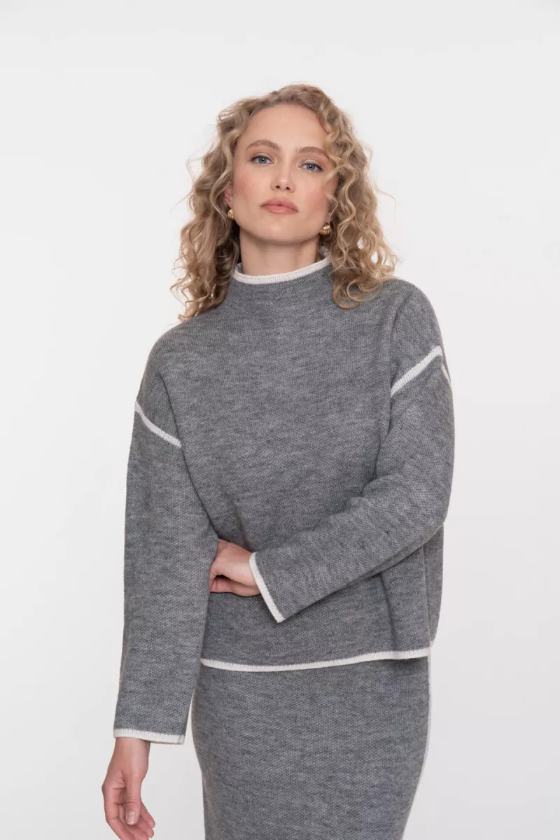 GEISHA-Pull turtle contrast stripe-54801-10-900 Grey melange off white-GRIJS