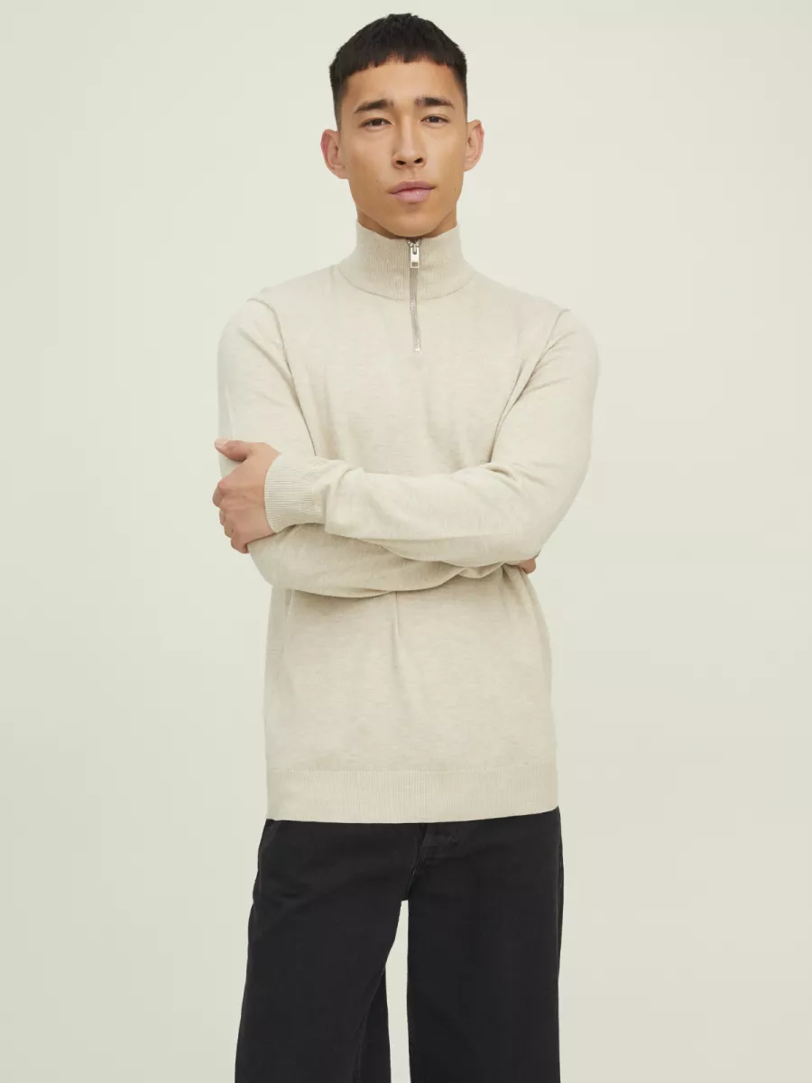 JACK & JONES-JJEEMIL KNIT HALF ZIP NOOS-12189339-Oatmeal-GRIJS MELEE