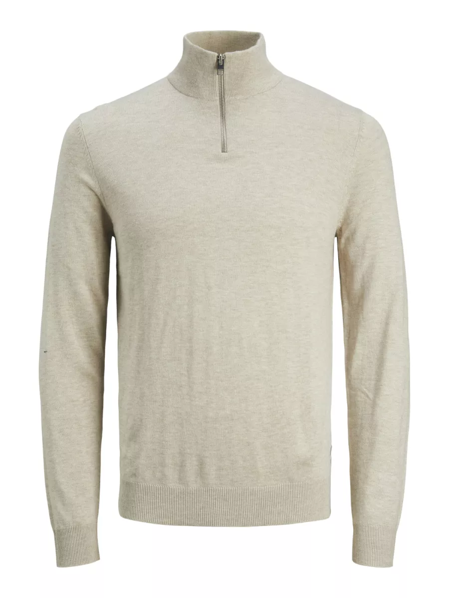 JACK & JONES-JJEEMIL KNIT HALF ZIP NOOS-12189339-Oatmeal-GRIJS MELEE