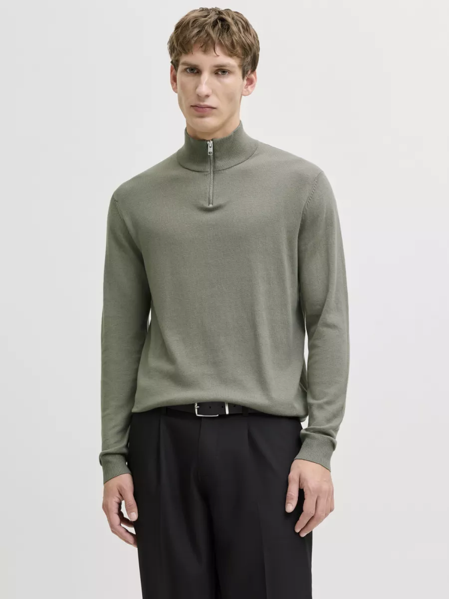 JACK & JONES-JJEEMIL KNIT HALF ZIP NOOS-12189339-Vetiver-TAUPE