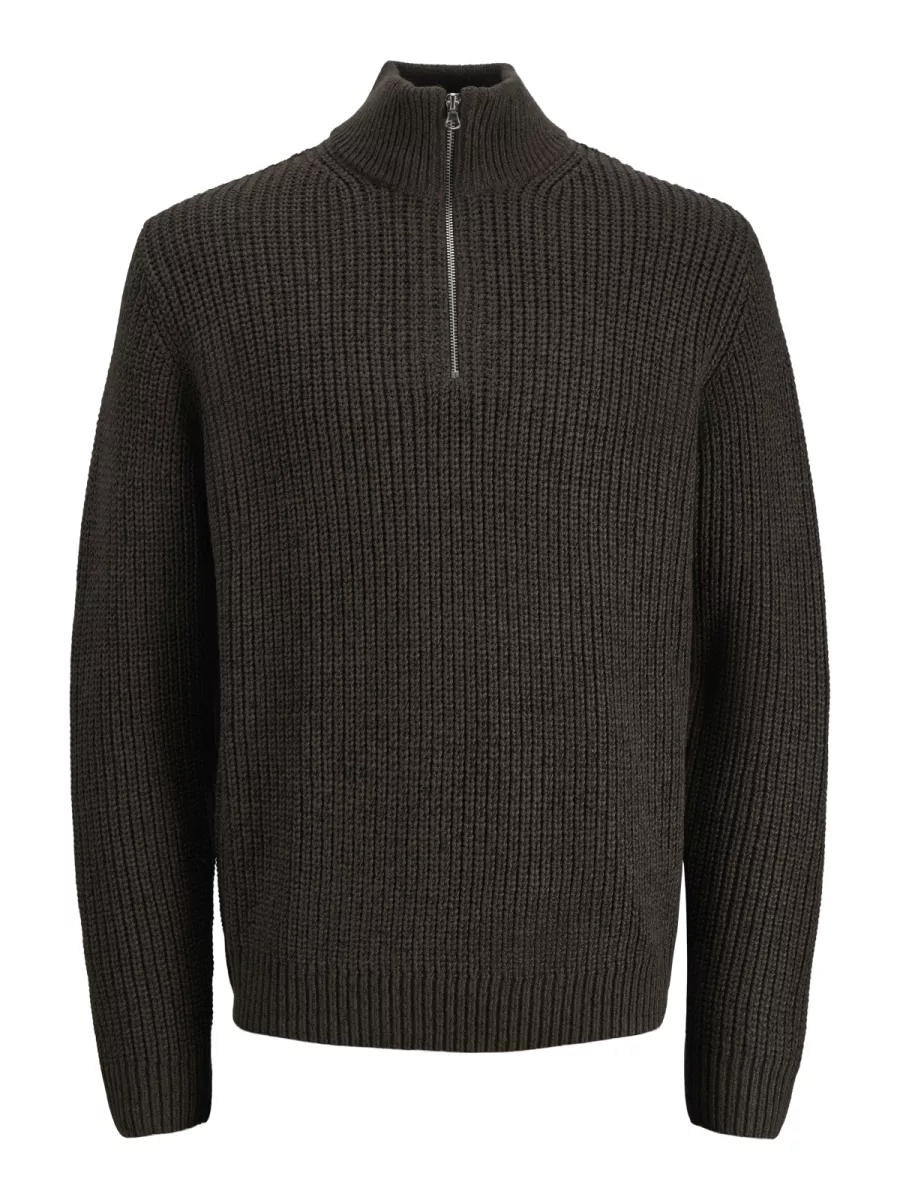 JACK & JONES-JORBLEECKER KNIT HALF ZIP BF-12290085-Mulch-DONKER BRUIN