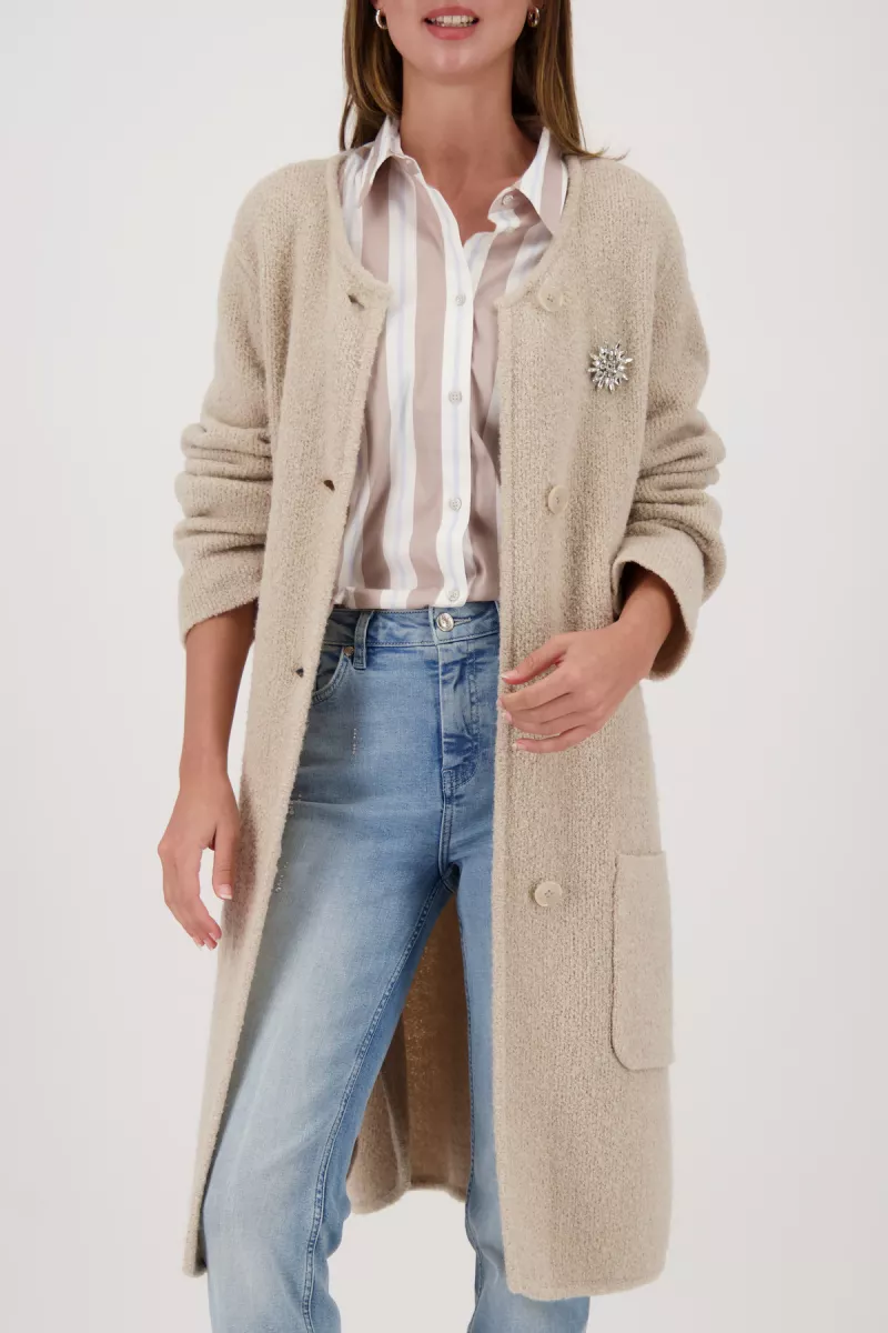 Monari-Knit coat with brooch-809626-194 Lattemacchiato-BRUIN
