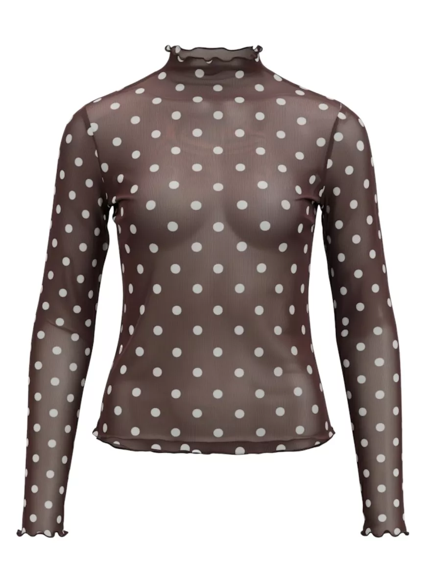 OBJECT-OBJNELA LS O-NECK MESH TOP REP-23046001-Seal Brown White Dots-BRUIN COMBINATIES