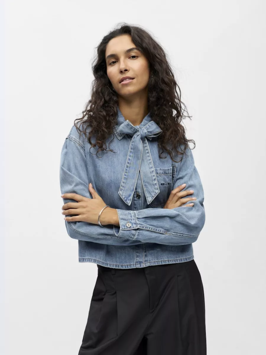 OBJECT-OBJVILMA L/S RE SHORT DENIM SHIRT 1-23048036-Medium Blue Denim-DENIM