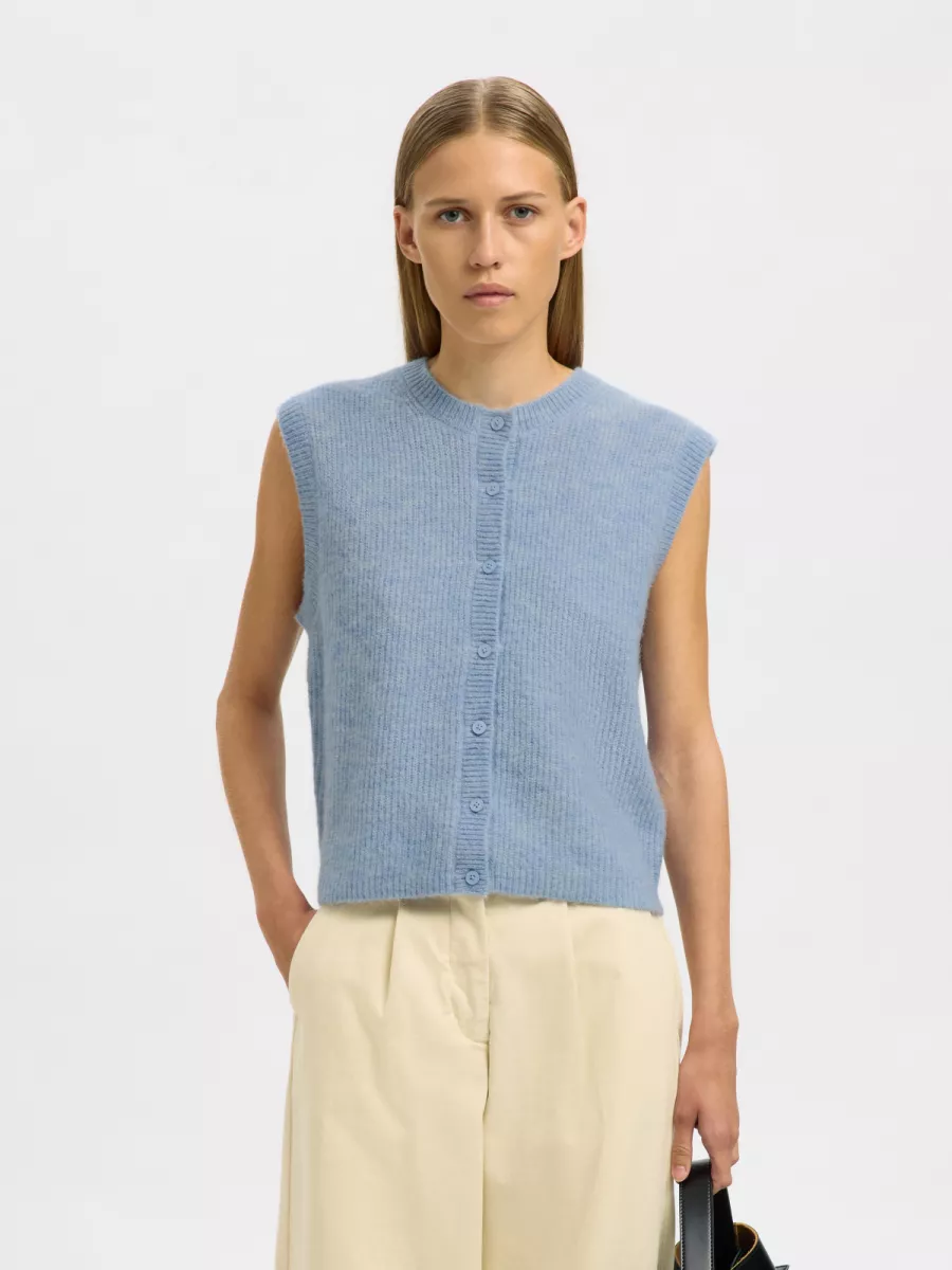 Selected Femme-SLFLULU SL BUTTON O-NECK VEST EX-16098808-Cashmere Blue-LICHT BLAUW