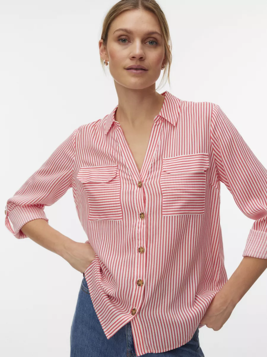 VERO MODA-VMBUMPY L/S SHIRT NEW WVN NOOS-10275283-Coral Pardise Stripes-KORAAL