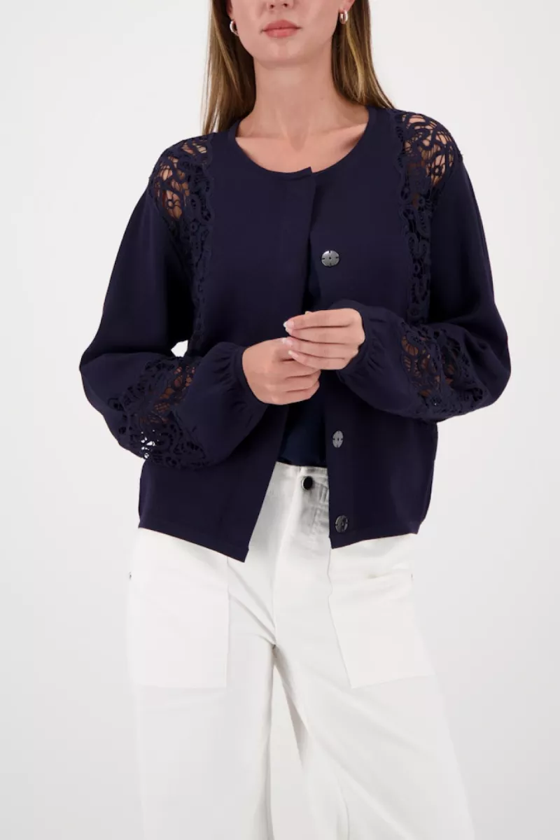 Monari-Cardigan with lace insert-410390-755 Marine-MARINE