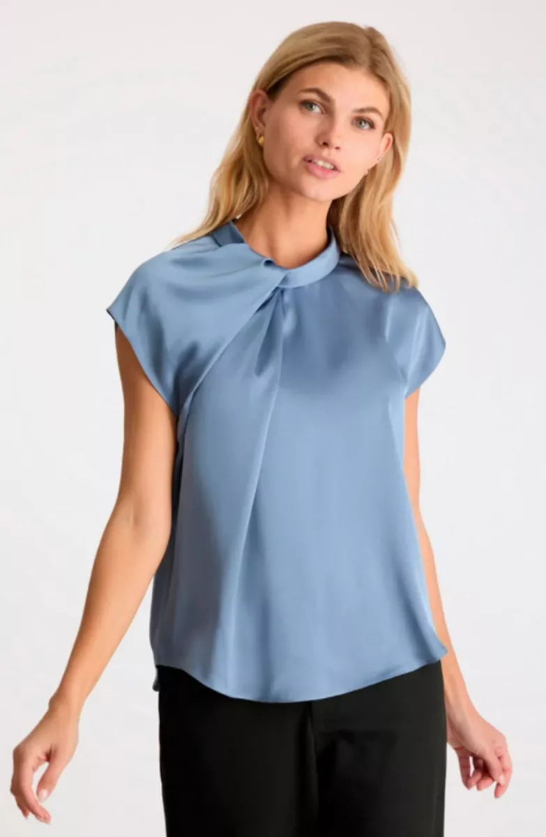 Neo Noir-Fleur Drapy Satin Blouse-160990-142 Dusty Blue-BLUE