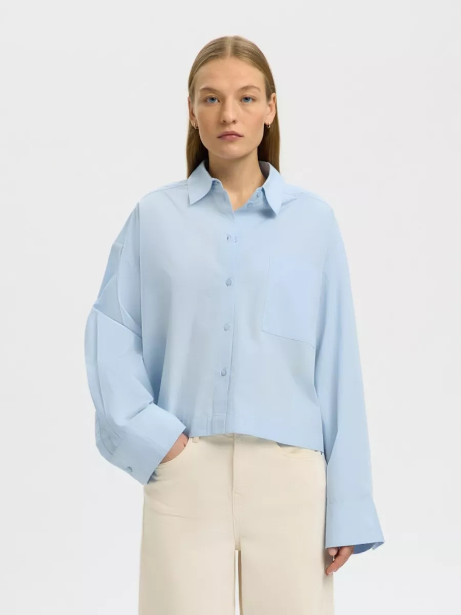 Selected Femme-SLWASTHA LS CROPPED BOXY SHIRT NOOS-16097269-Cashmere Blue-BLUE