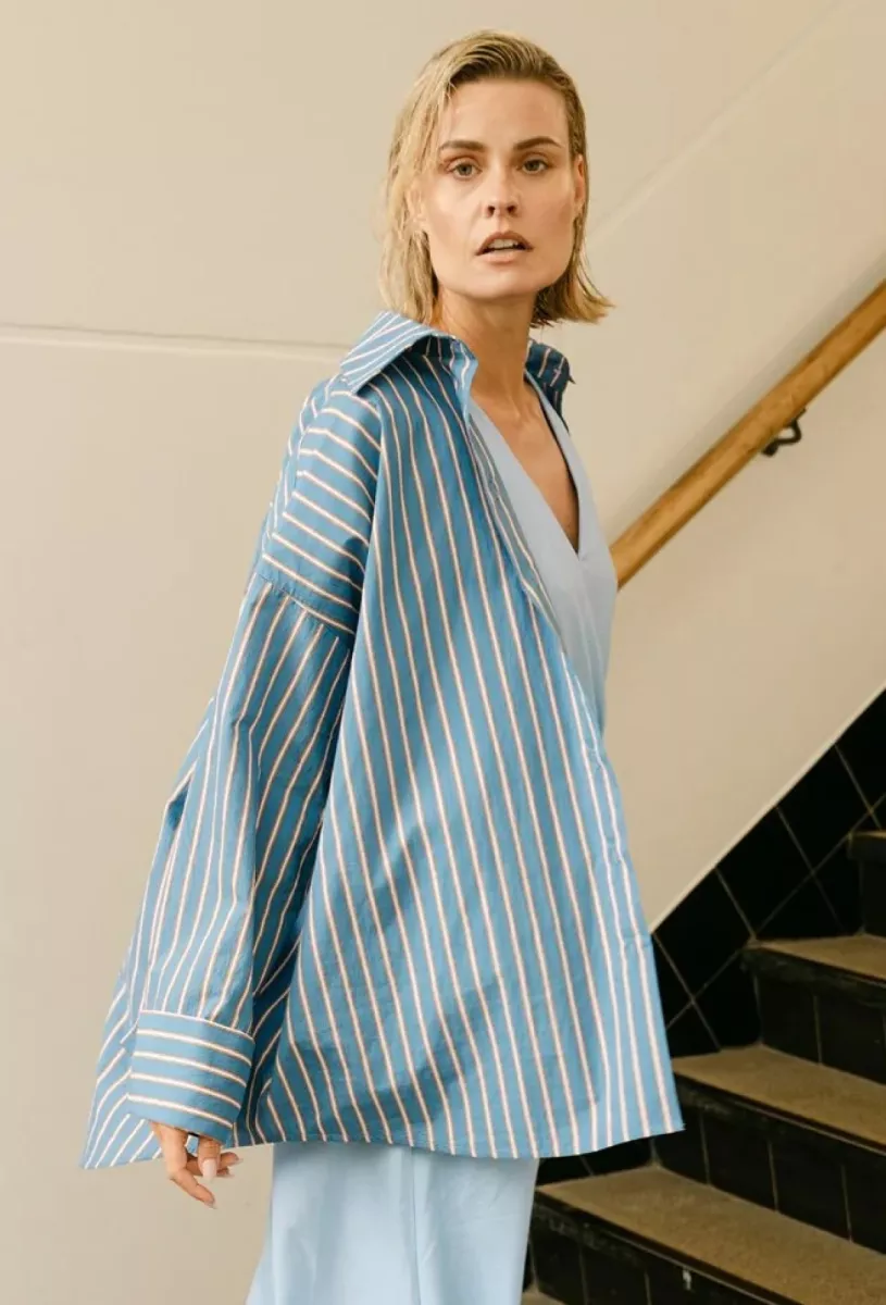 Aimee The Label-Blouse LM-Rhode-Blue Stripe-BLAUW COMBINATIE