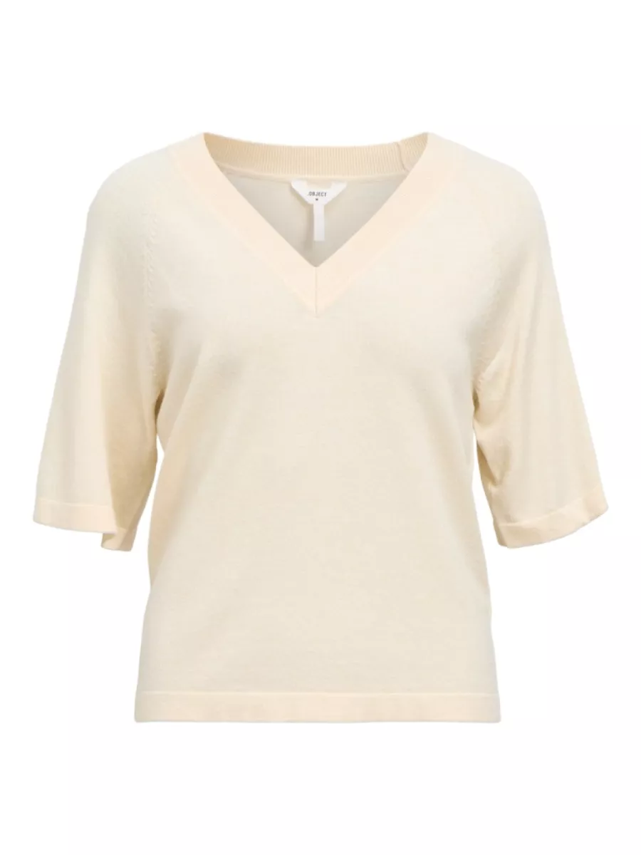 OBJECT-OBJTHESS 2/4 LO V-NECK KNIT TOP NOO-23045806-Sandshell-ECRU