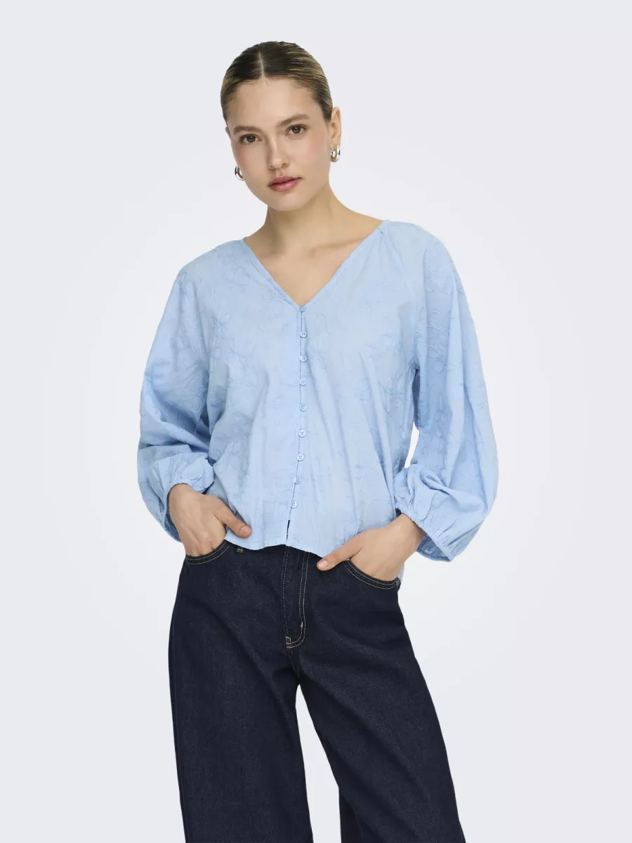 ONLY-ONLZION 3/4 V-NECK EMB TOP WVN-15364374-Soft Chambray-BLAUW