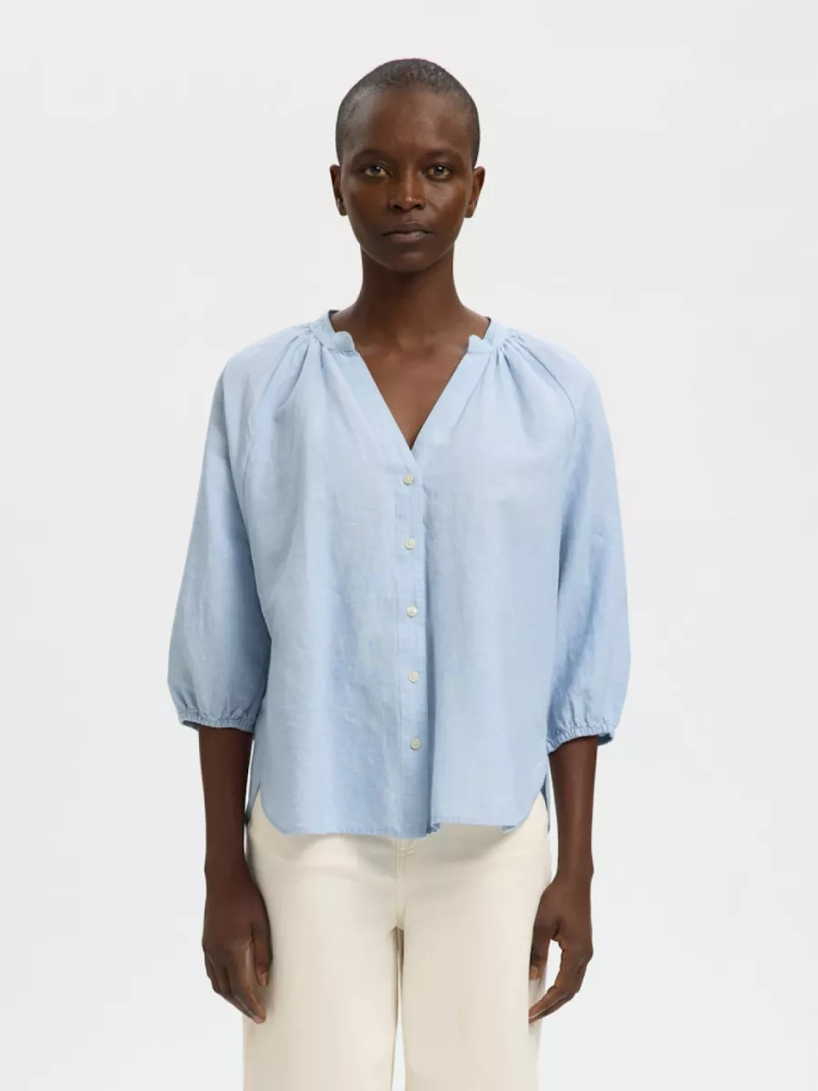 Selected Femme-SLWCLEO-ALBERTA LINEN BLEND SHIRT N-16099877-Dusty Blue-BLUE
