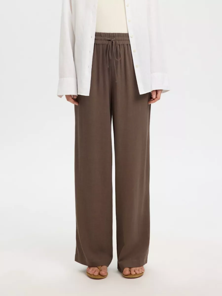 Selected Femme-SLWVIVA-GULIA HW LONG SUN PANT NOOS-16089062-Chocolate Chip-CHOCOLADE