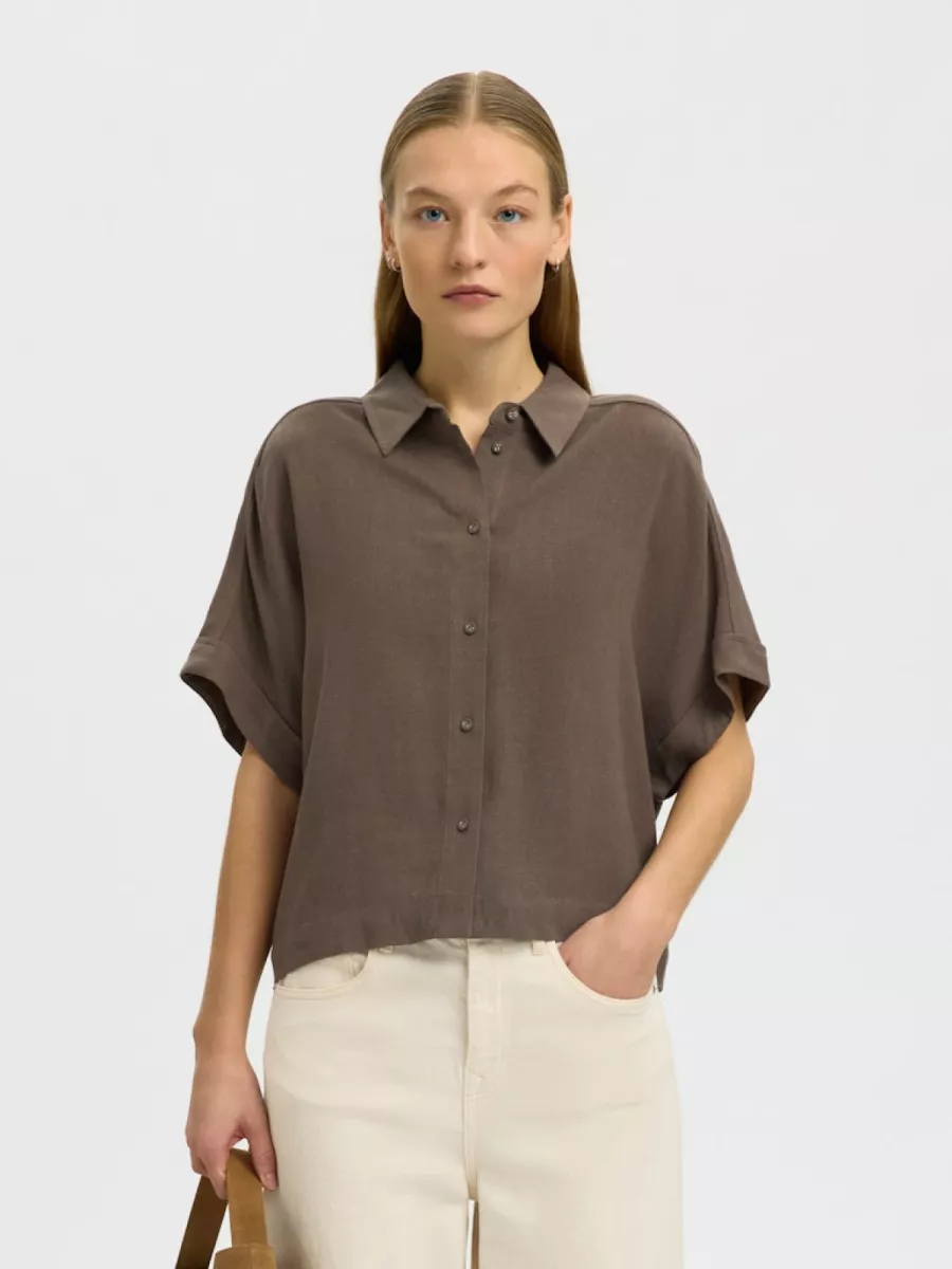 Selected Femme-SLWVIVA SS CROPPED SUN SHIRT NOOS-16093937-Chocolate Chip-CHOCOLADE