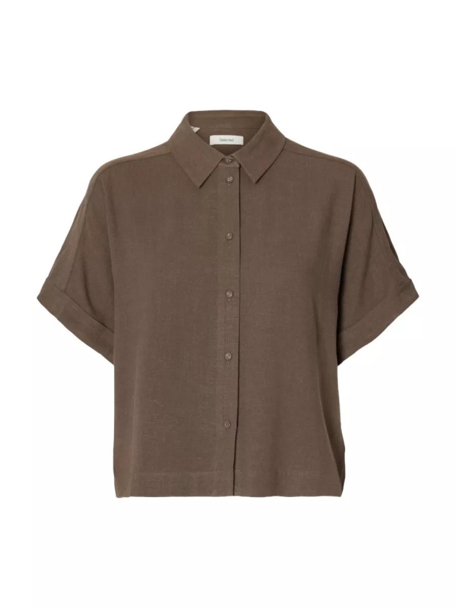 Selected Femme-SLWVIVA SS CROPPED SUN SHIRT NOOS-16093937-Chocolate Chip-CHOCOLADE