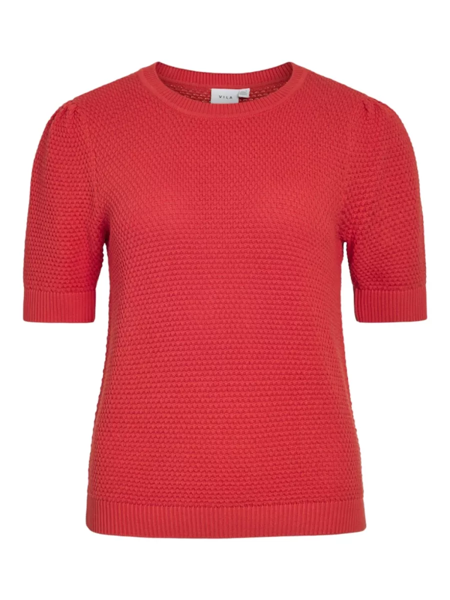 VILA-VIDALO O-NECK S/S KNIT TOP - NOOS-14084421-Hibiscus-ROOD
