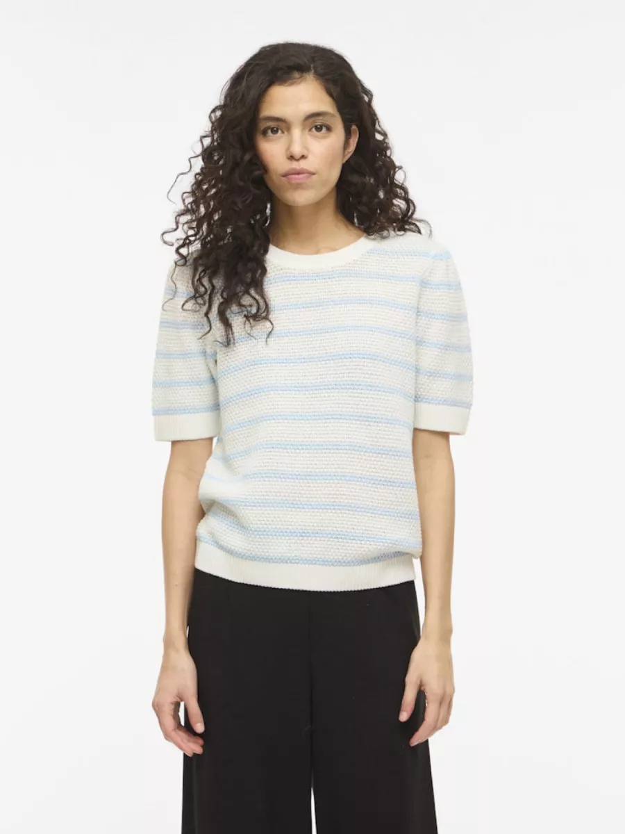 VILA-VIDALO O-NECK S/S STRIPE KNIT-NOOS-14106601-White Alyssum/Nantucket-BLAUW COMBINATIE