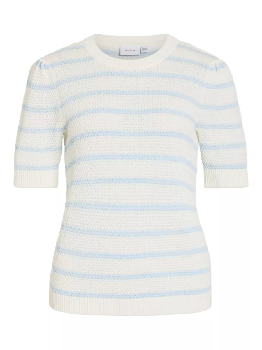 VILA-VIDALO O-NECK S/S STRIPE KNIT-NOOS-14106601-White Alyssum/Nantucket-BLAUW COMBINATIE