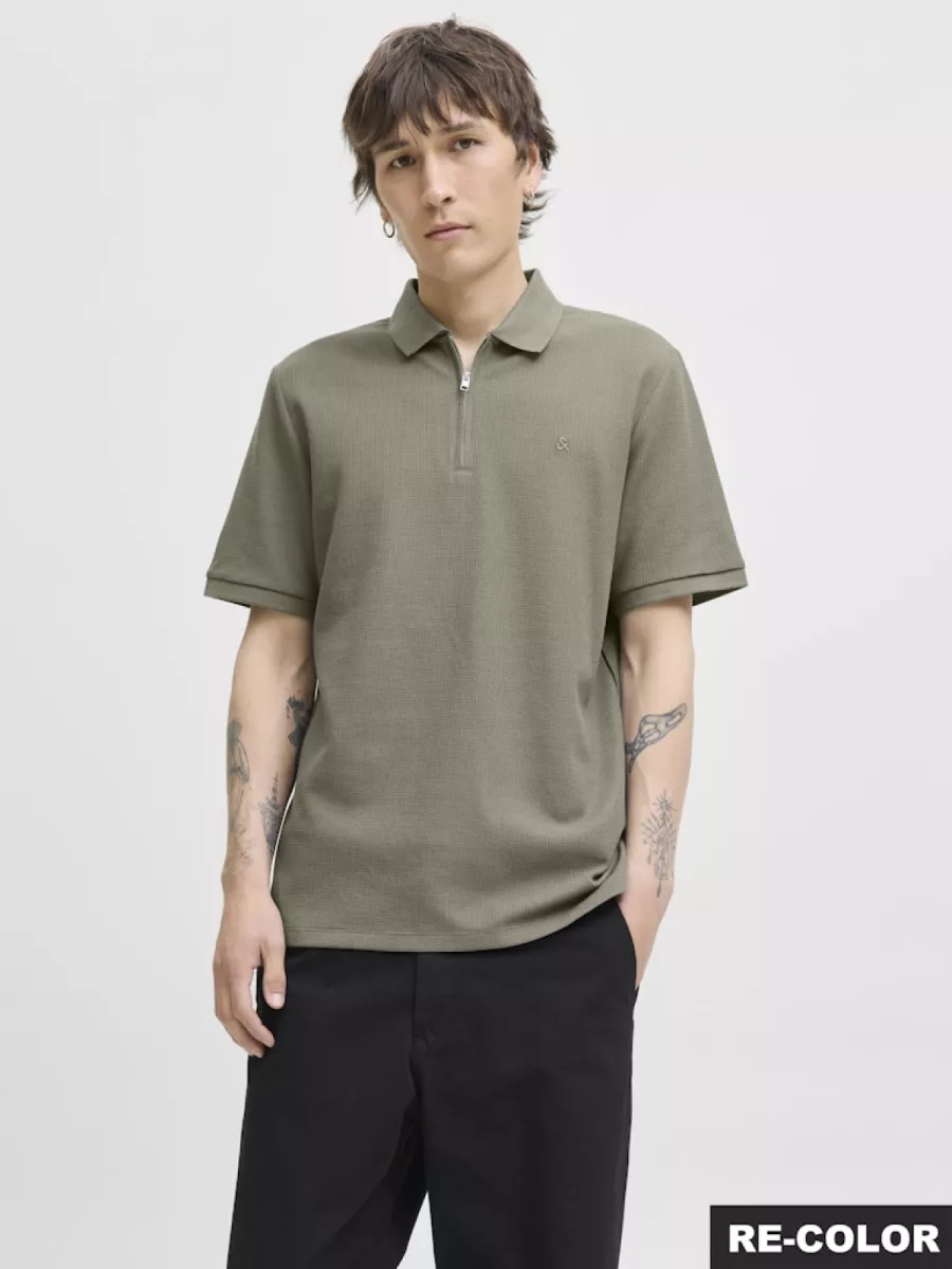 JACK & JONES-JJEAUSTIN ZIP POLO SS NOOS-12279177-Vetiver-GROEN