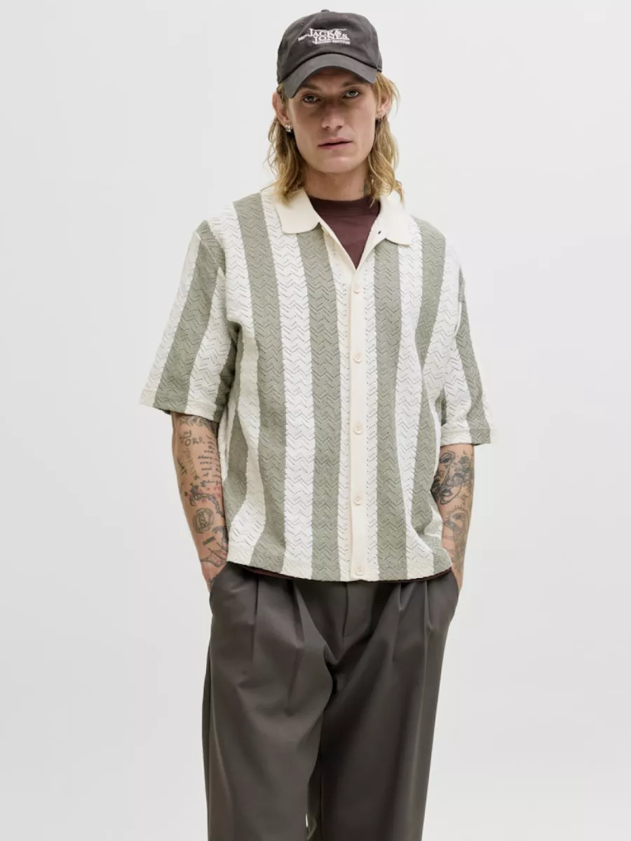 JACK & JONES-JORTYLER KNIT SS POLO SN-12272863-Sea salt stripes sea grass-ZEE GROEN