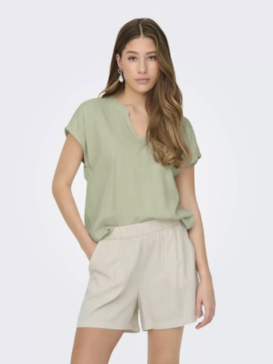 JDY-JDYCAYA LION LINEN S/S TOP WVN DIA-15346547-Laurel Oak-GROEN