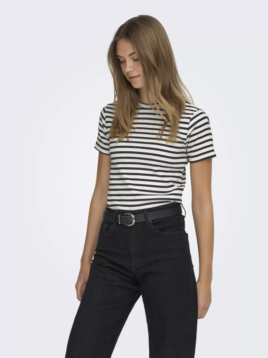 JDY-JDYSOLAR S/S O NECK TOP JRS NOOS-15314449-Cloud Dancer Stripes Black-CREME