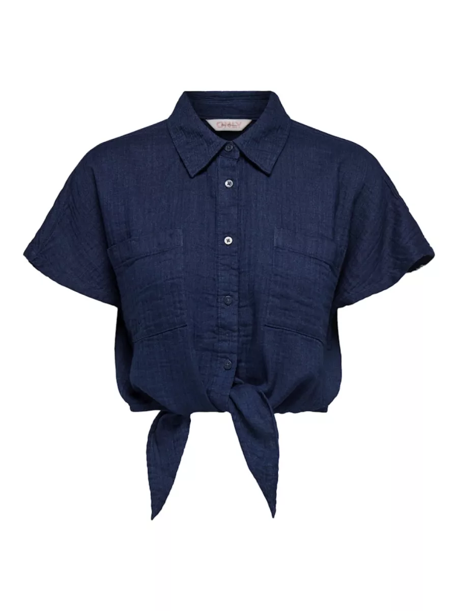 ONLY-ONLLEONI SEERSUCKER CAP KNOT SHIRT-15367290-Vintage Indigo-INDIGO