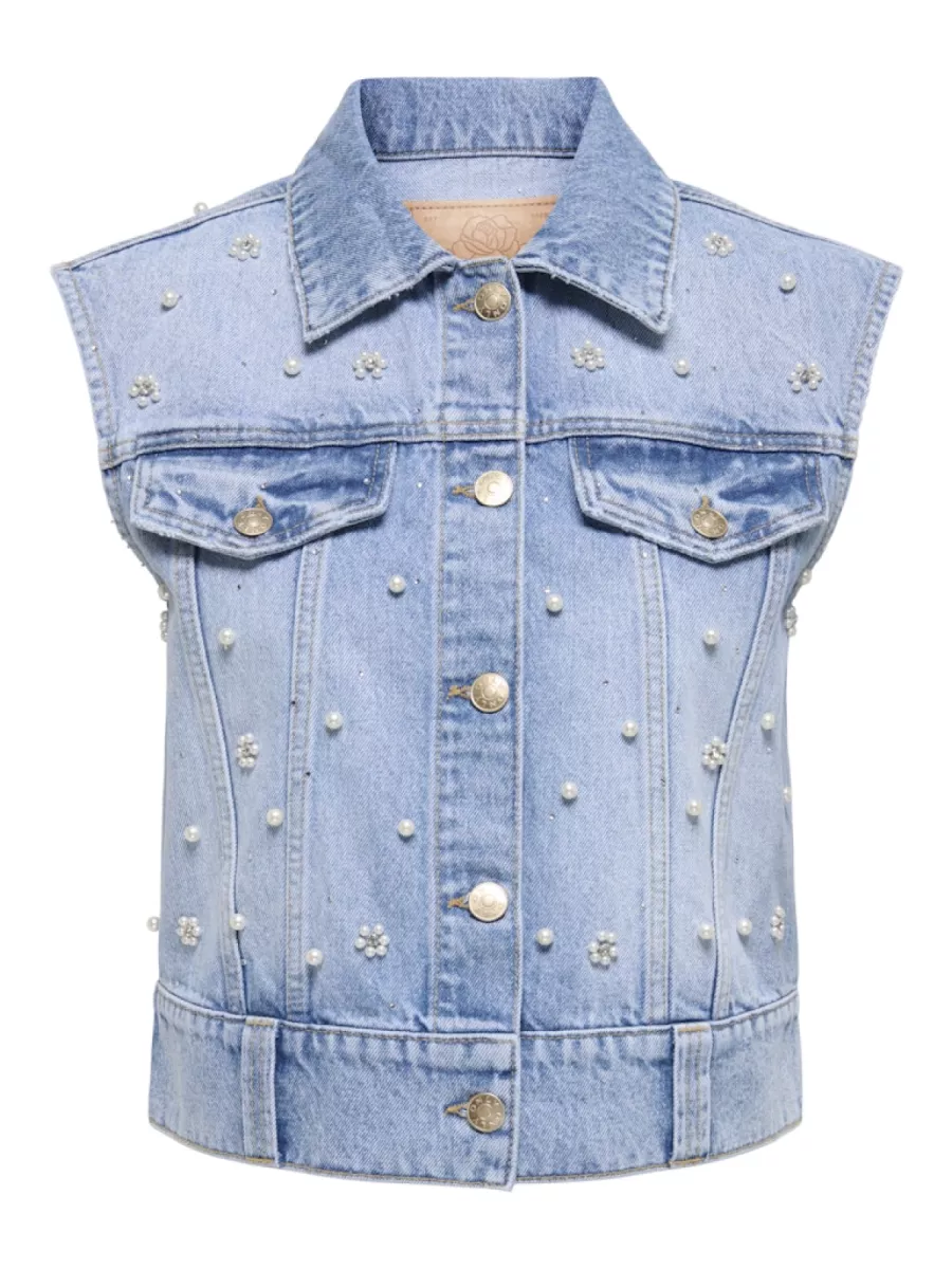 ONLY-ONLONUR PEARL DECO DNM VEST RED DOT-15366346-Light Blue Denim-LICHT DENIM