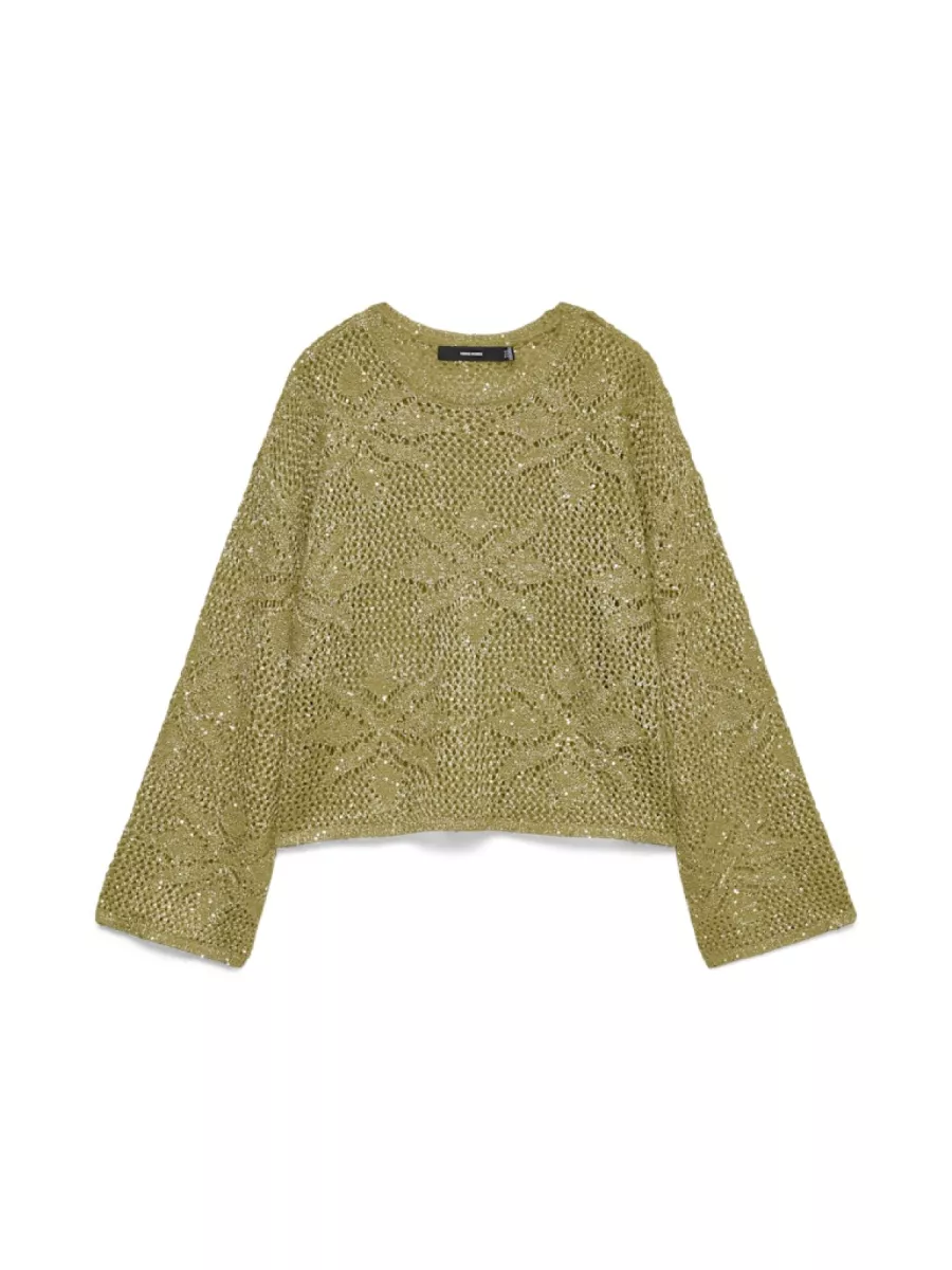 VERO MODA-VMLEILANI FLOWER LS O-NECK PULLOVER-10343680-Willow Silver Sequins-OFF WHITE