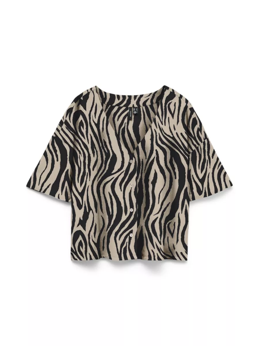 VERO MODA-VMMYMILO 2/4 V-NECK SHIRT WVN NOOS-10279696-Silver Lining Sina Zebra-ZWART COMBINATIES