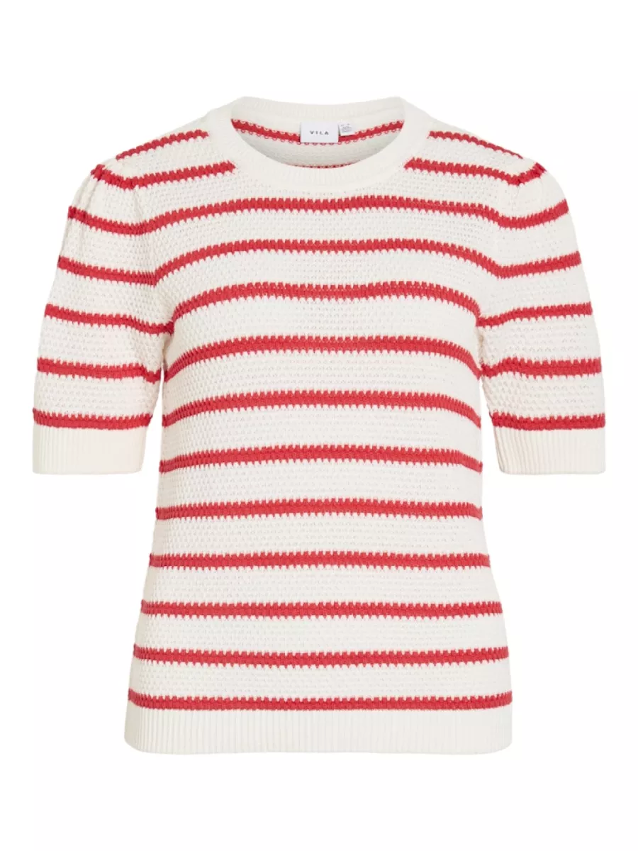 VILA-VIDALO O-NECK S/S STRIPE KNIT-NOOS-14106601-White Alyssum Hibiscus-ROOD COMBINATIES