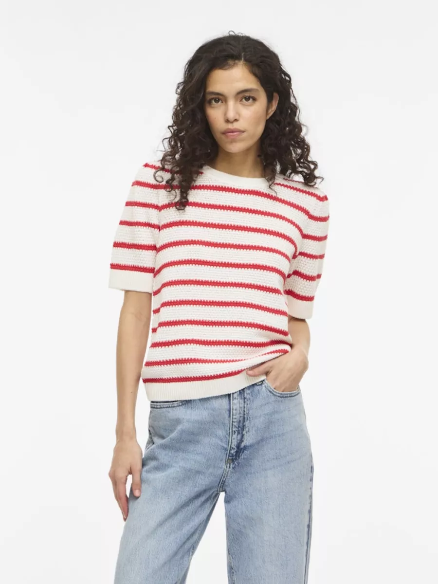 VILA-VIDALO O-NECK S/S STRIPE KNIT-NOOS-14106601-White Alyssum Hibiscus-ROOD COMBINATIES