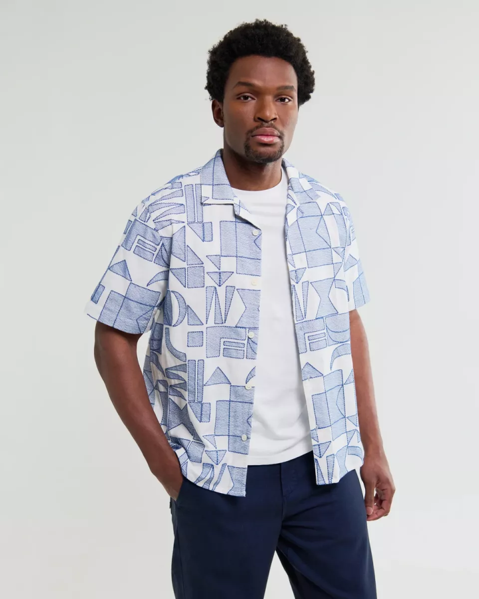 Wax London--Didcot ss shirt-Ecru blue-ECRU