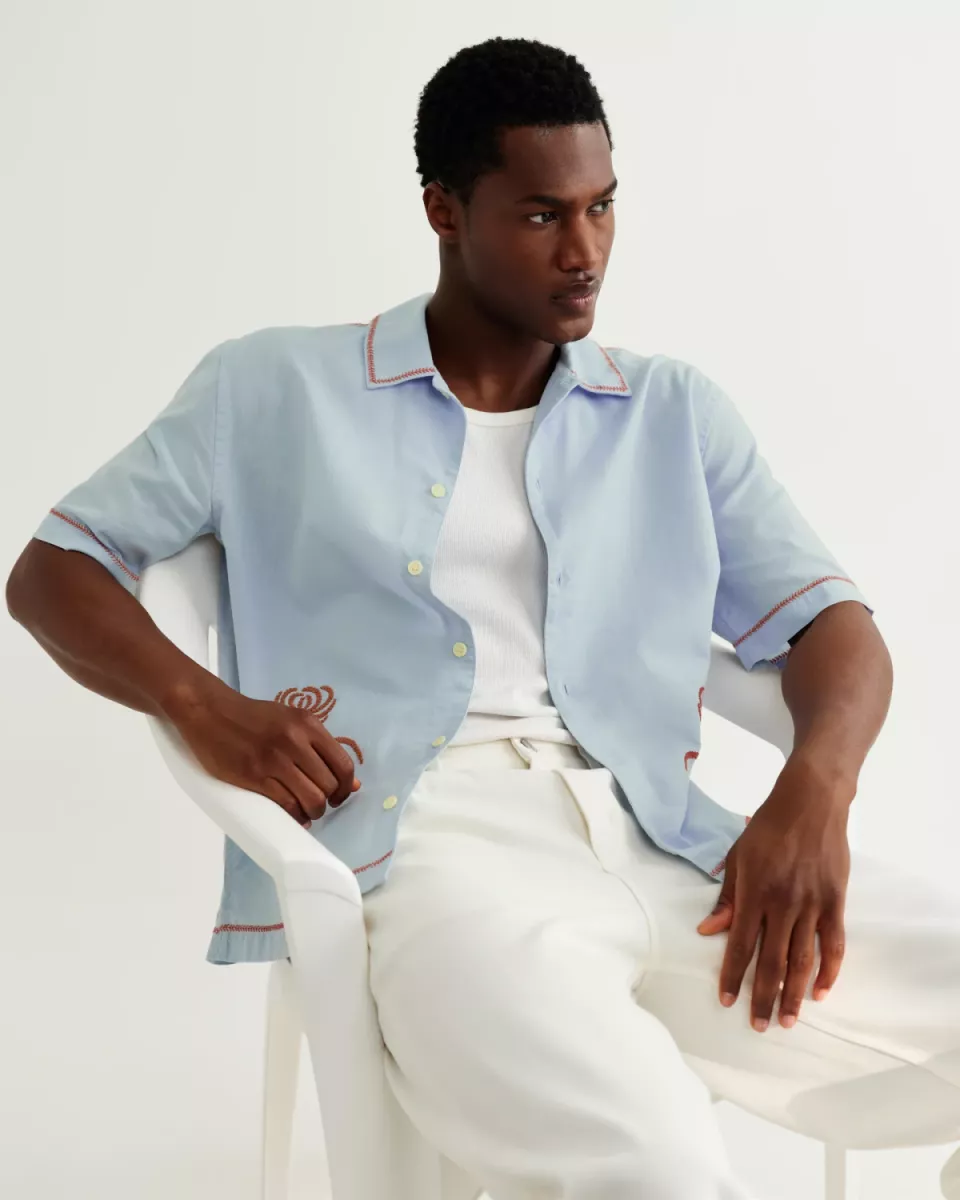 Wax London--Keats ss shirt-Dahlia embroidery-LICHT BLAUW