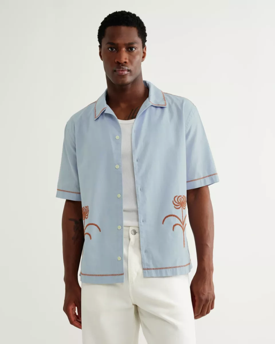 Wax London--Keats ss shirt-Dahlia embroidery-LICHT BLAUW