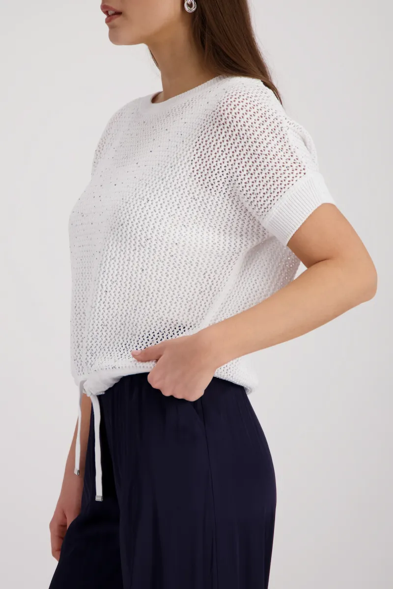 Monari-Ajour knitted jumper with rhinestones-410875-105 Cream-CREME