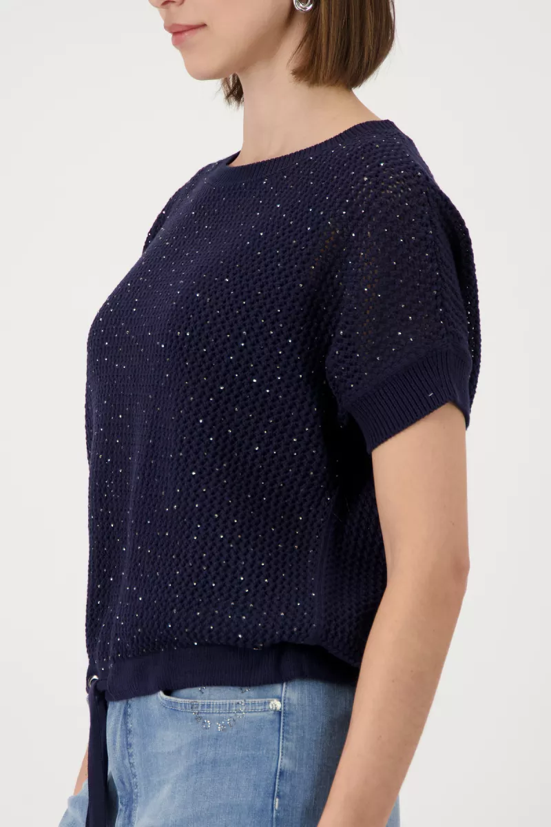 Monari-Ajour knitted jumper with rhinestones-410875-755 Marine-MARINE