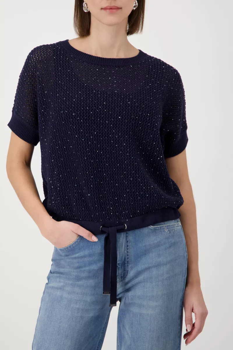 Monari-Ajour knitted jumper with rhinestones-410875-755 Marine-MARINE