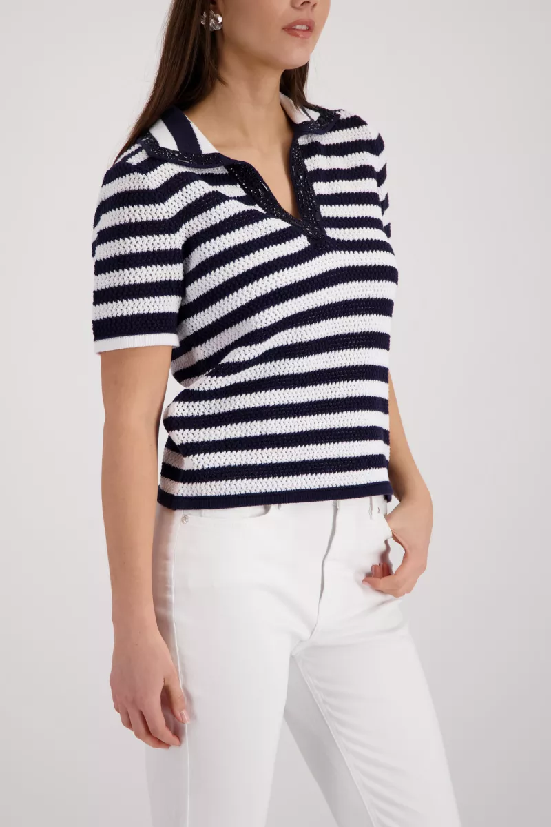Monari-Ajour polo jumper with rhinestones-410906-756 Marine striped-MARINE