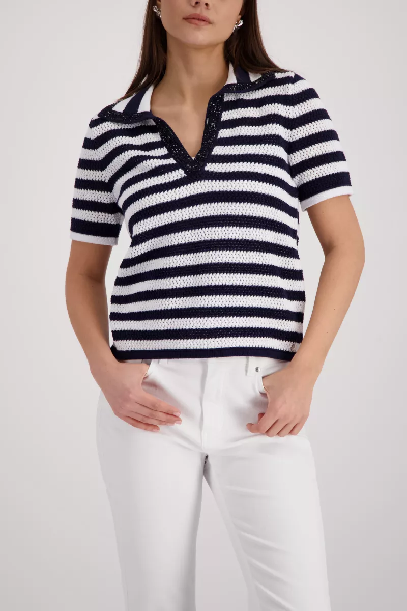 Monari-Ajour polo jumper with rhinestones-410906-756 Marine striped-MARINE
