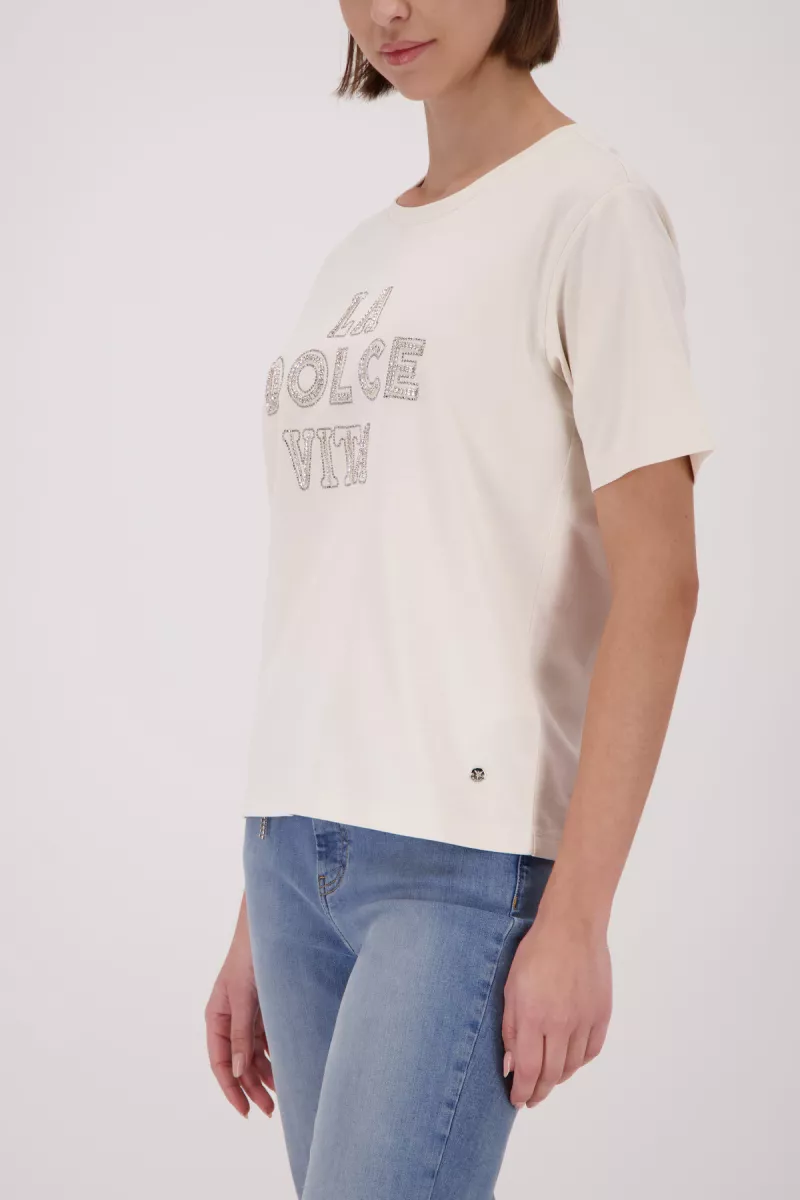 Monari-T-shirt with decorative lettering-410183-124 Champagne beige-CHAMPAGNE