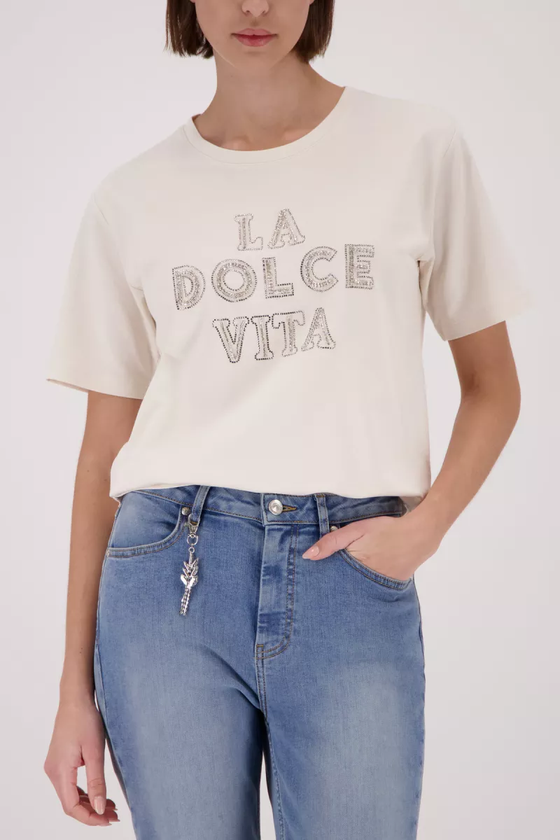 Monari-T-shirt with decorative lettering-410183-124 Champagne beige-CHAMPAGNE