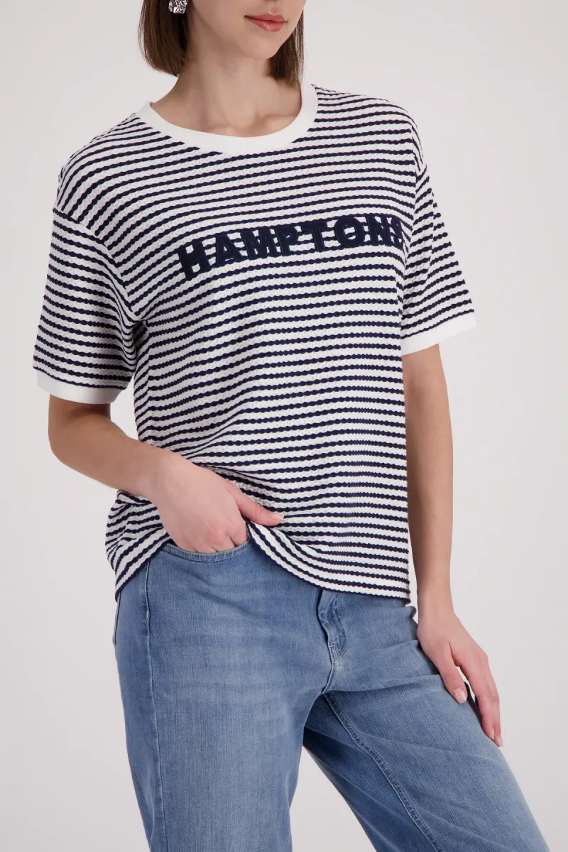 Monari-Textured t-shirt with lettering-410767-756 Marine striped-MARINE